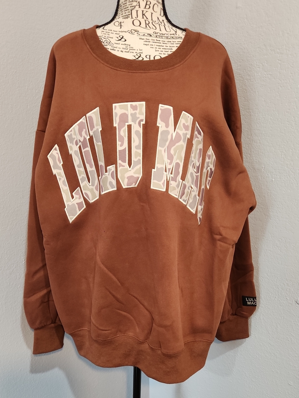 Lulu Mac Brown With Camo Lettering Sweatshirt.